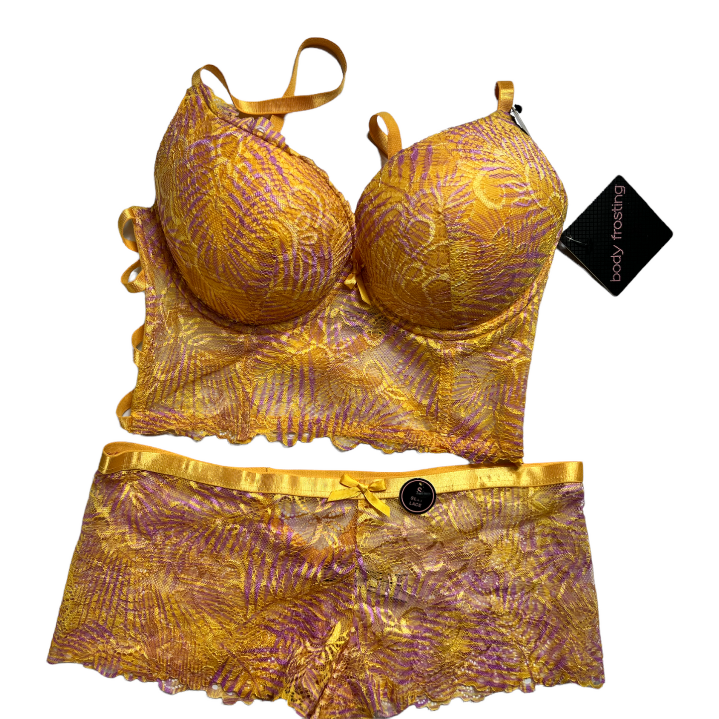 NEW Body Frosting Light Gold/Purple Lingerie Set, Sz S 34C Bra, Lace Panty