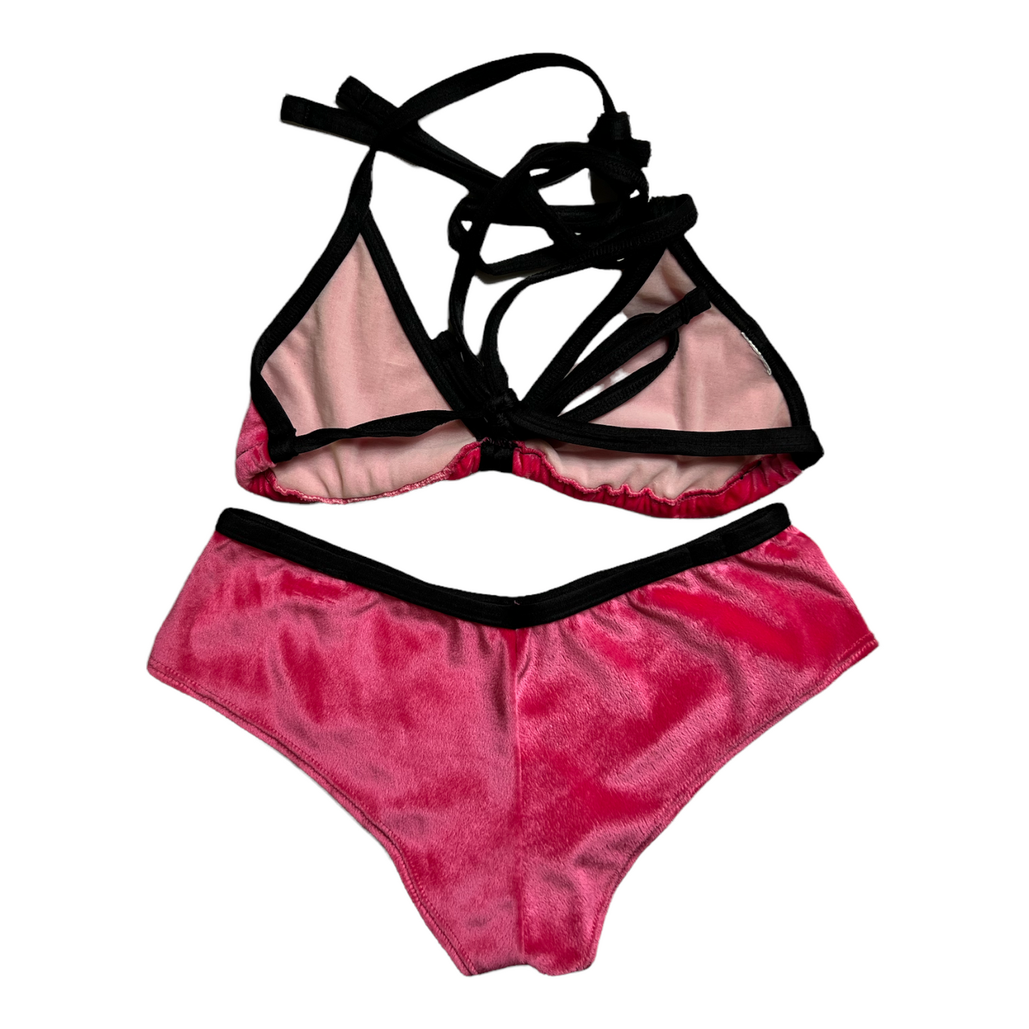 NEW Extreme Gear Pink/Black Velvet Fancy Bikini Top/Cheeky Bottoms Set Sz M/S