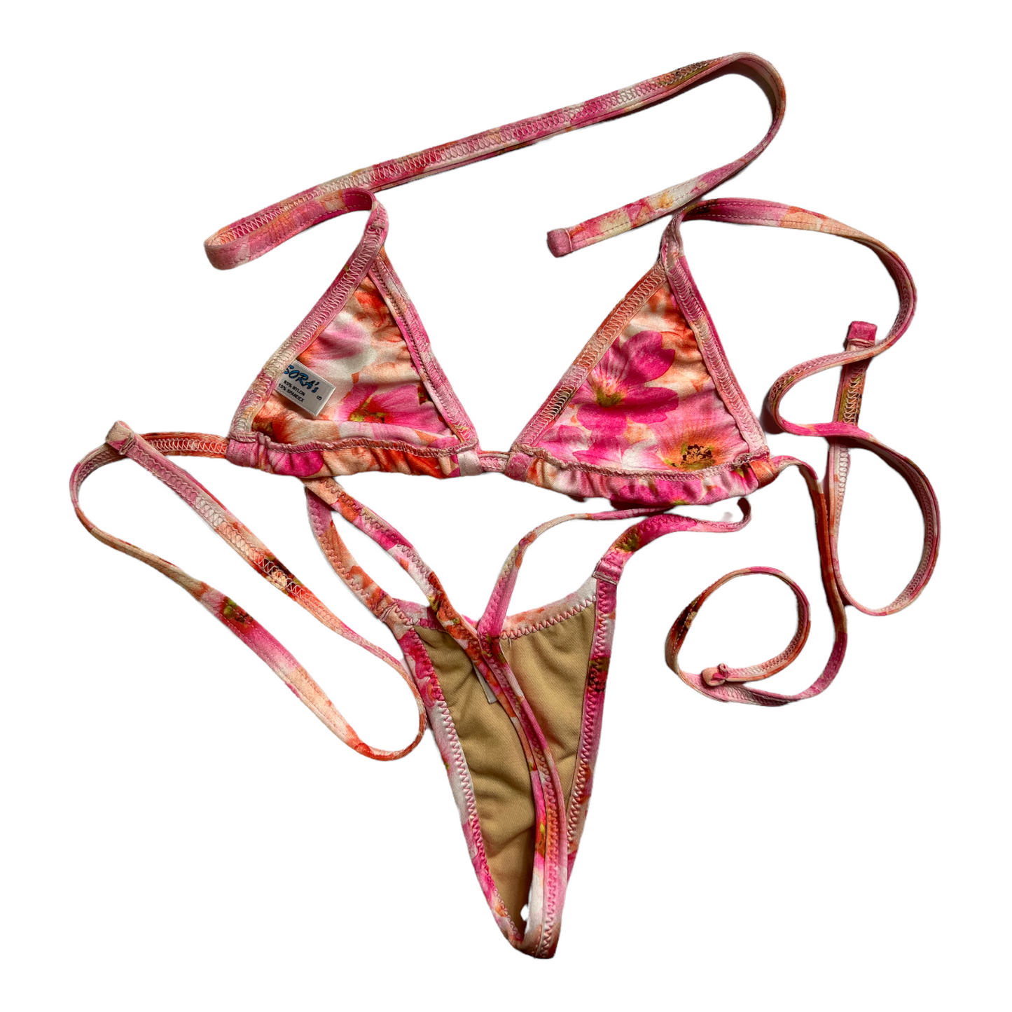 New Pink & Orange Flower Thong Swim Suit size S/M Adjustable (String Bikini Top SwimWear)