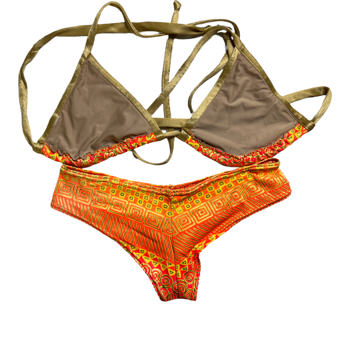 New Pink Orange & Gold Thong Swim Suit size S/M Adjustable (String Bikini Top SwimWear)