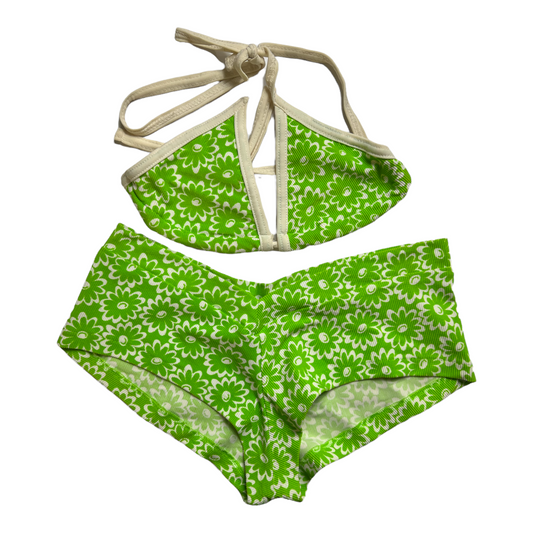 New Green/white String Bikini Top & Boy Short Swimsuit size S (SwimWear)