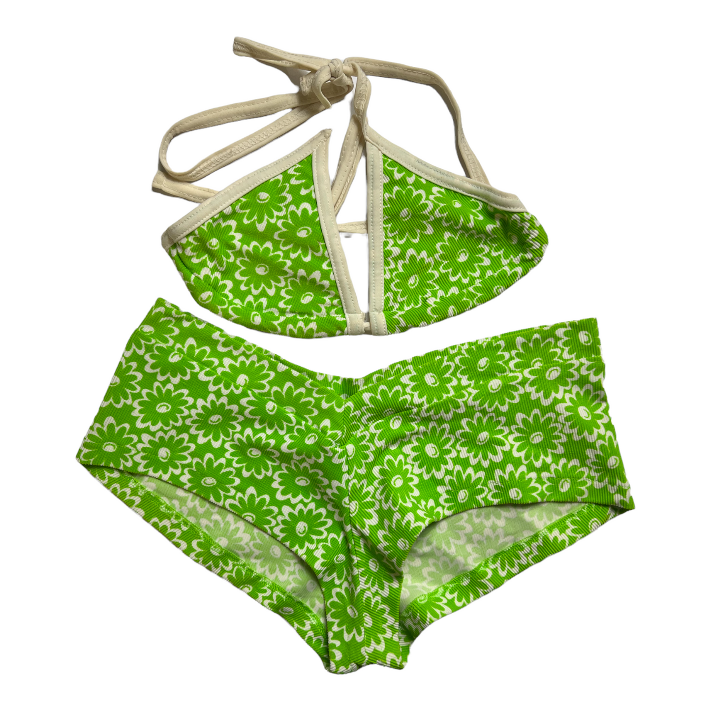 New Green/white String Bikini Top & Boy Short Swimsuit size S (SwimWear)