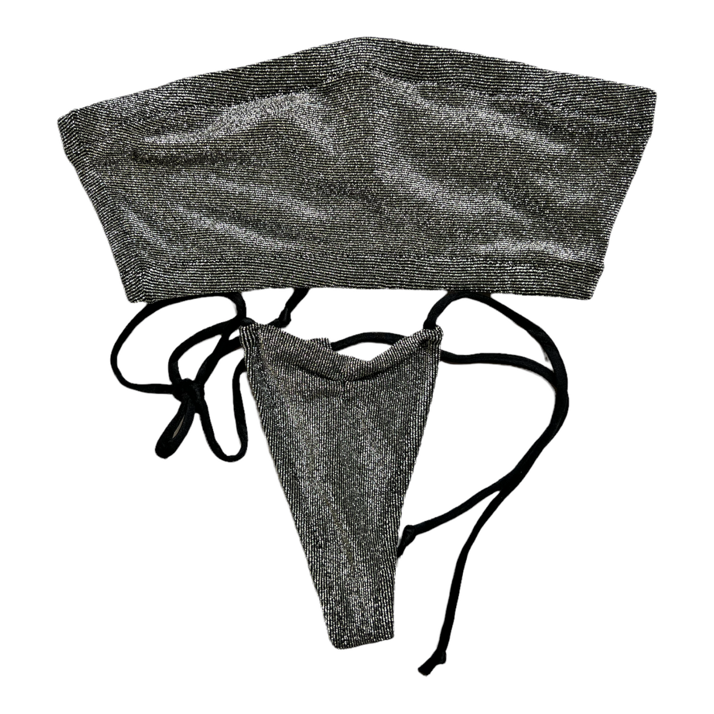 New Black/Silver Shimmery Strapless bralette Top & Thong & Swimsuit size S (SwimWear)