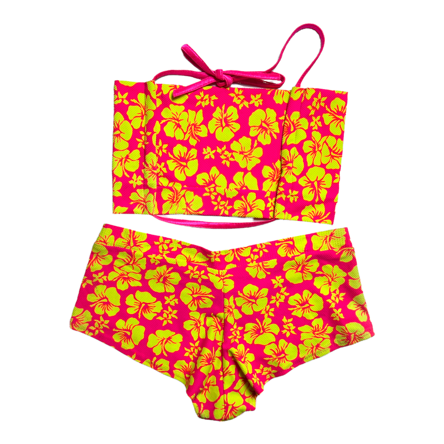 New Neon Pink/Yellow Halter Top with Boy Short Swimsuit size L (SwimWear)