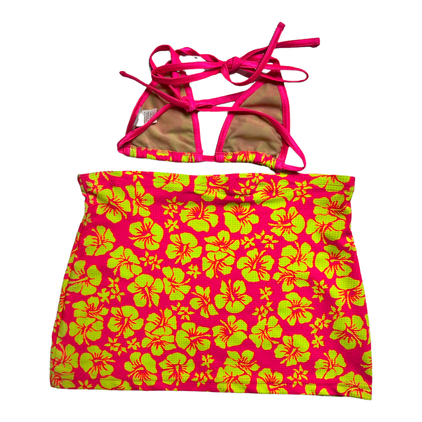 New Neon Pink/Yellow String Bikini Top with Skirt Swimsuit size XS (SwimWear)