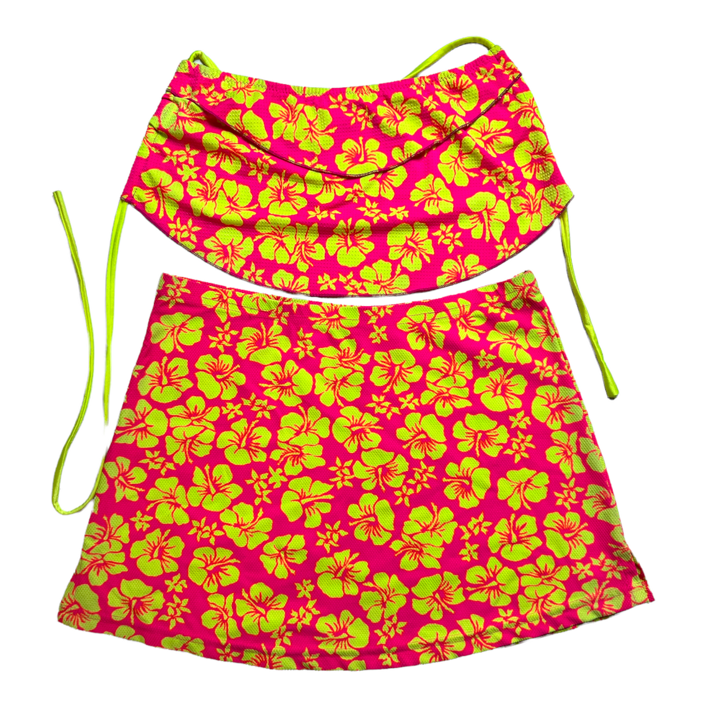 New 3PC Neon Pink/Yellow Halter/String Bikini Top with Skirt size L (SwimWear)
