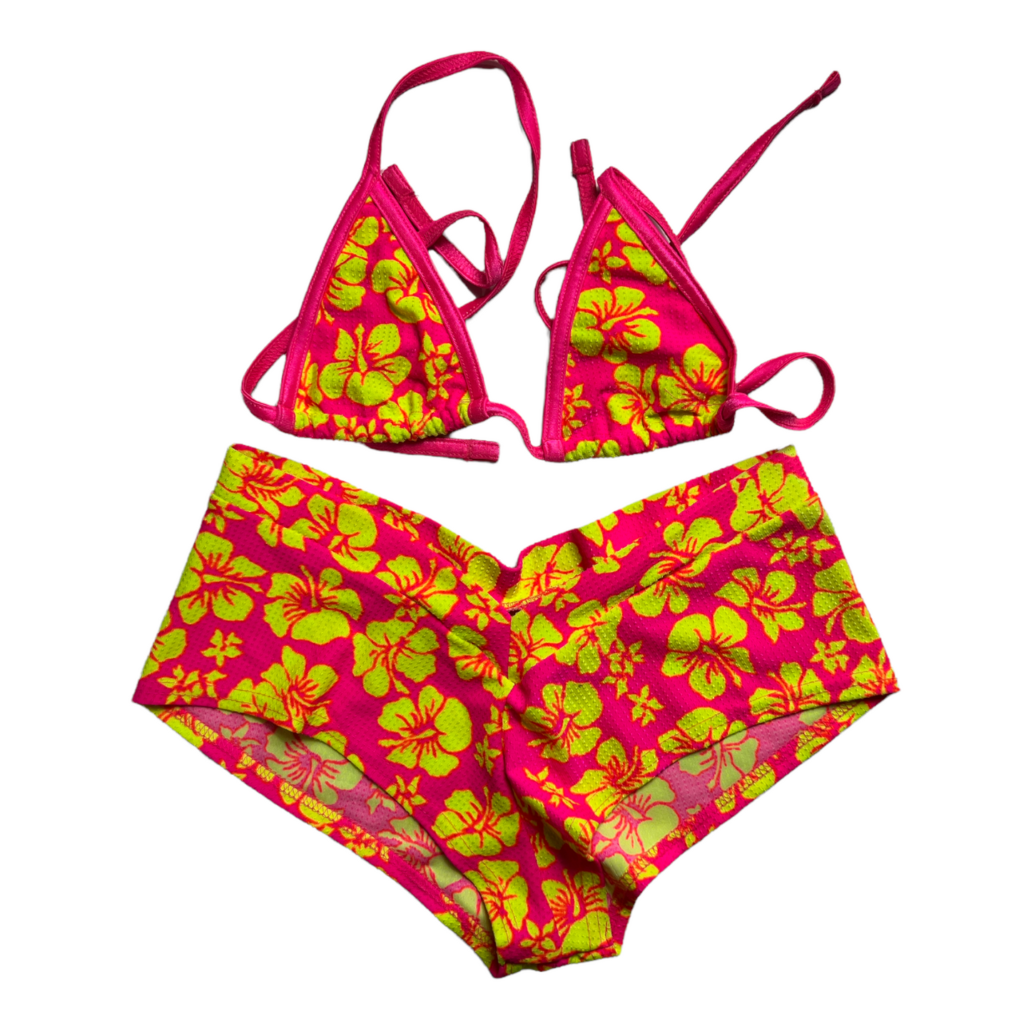 New Neon Pink/Yellow String Bikini Top with Boy Short Swimsuit size S (SwimWear)